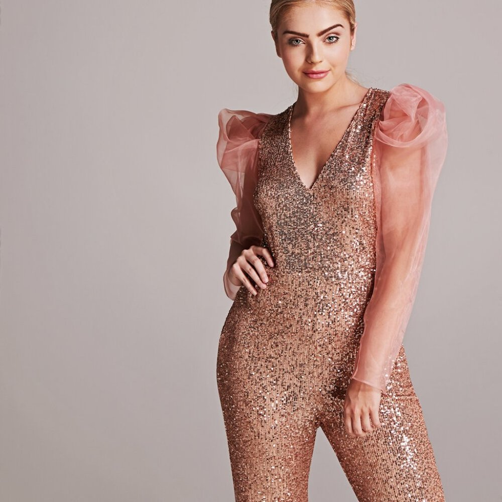 Zara Pink Organza Sleeve Sequined Jumpsuit